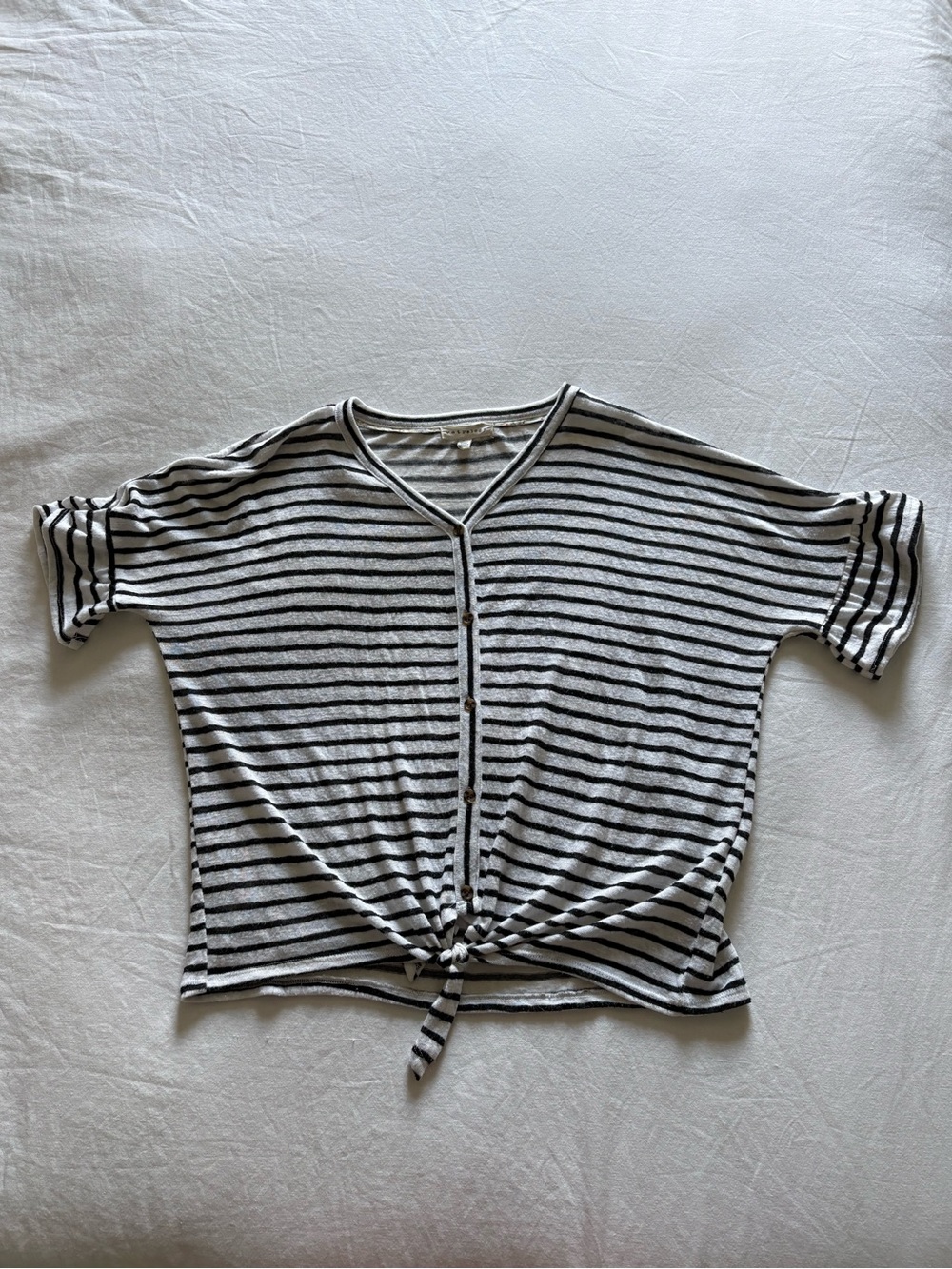 Retrology Black White Striped Button Front Tie Hem Top Size S